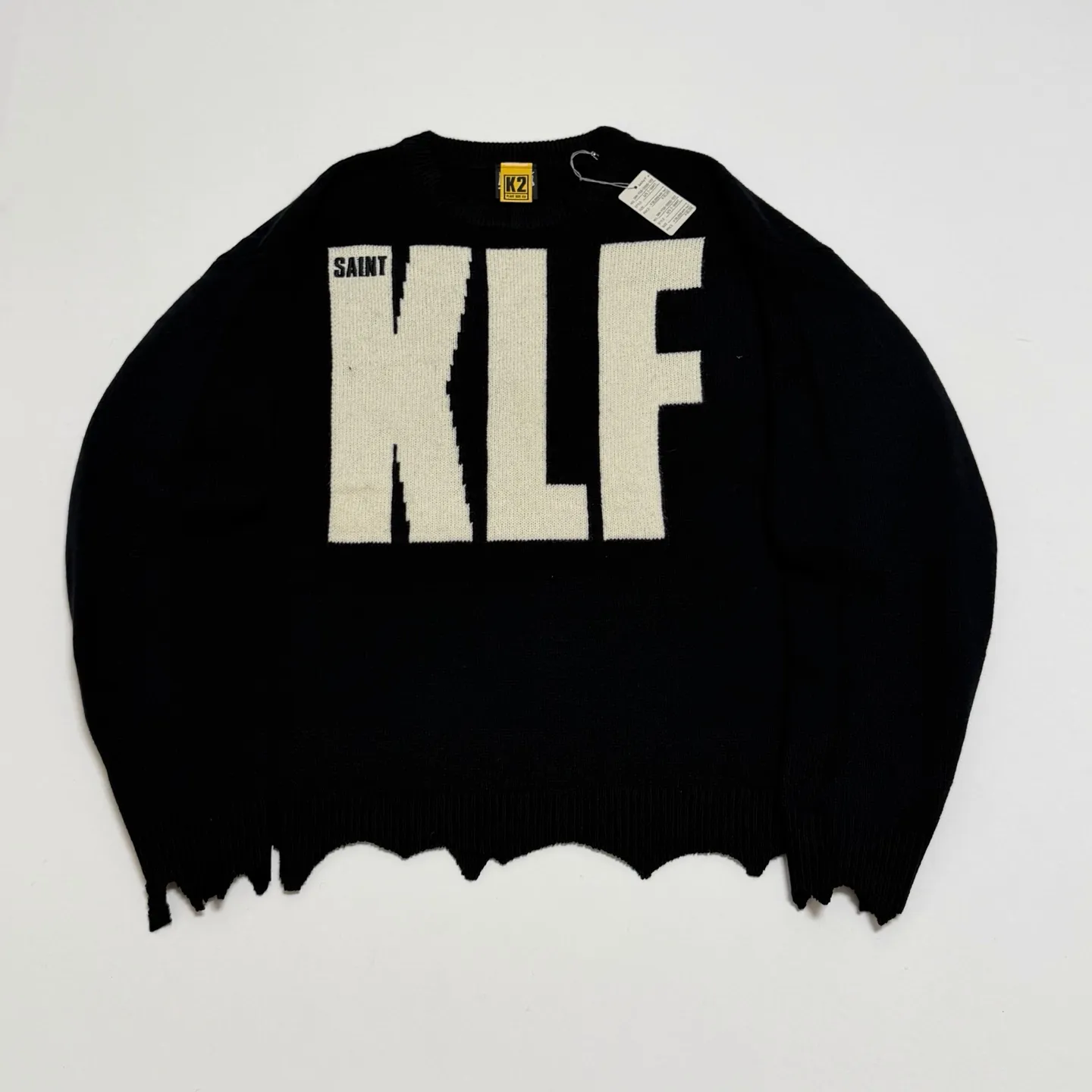 SAINT Mxxxxxx × The KLF KLF_CREW NECK KNIT/BLK KLF joint deconstructed wool sweater, black S-XL, original heel, made of 100% pure wool, natural and warm, wool fabric, dry cleaning or gentle hand washing recommended, completely correct version, customized KLF joint main mark/wash mark, imported special machine embroidery, full three-dimensional, pure hand destruction, deconstructed and shredded